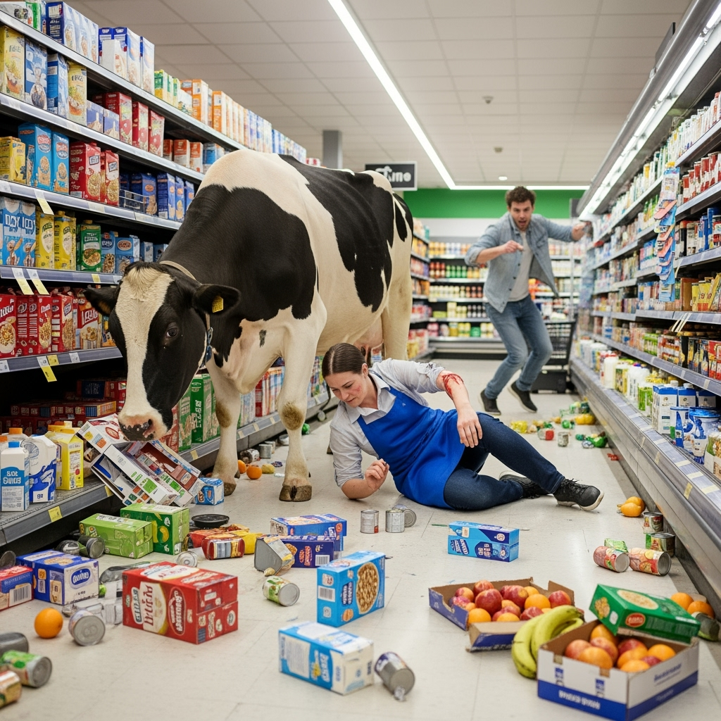 Illustration for: Cow Attack in Store Leads to Injuries