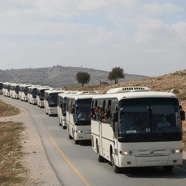 Illustration for: Refugee Convoys Depart Lebanon for Syria
