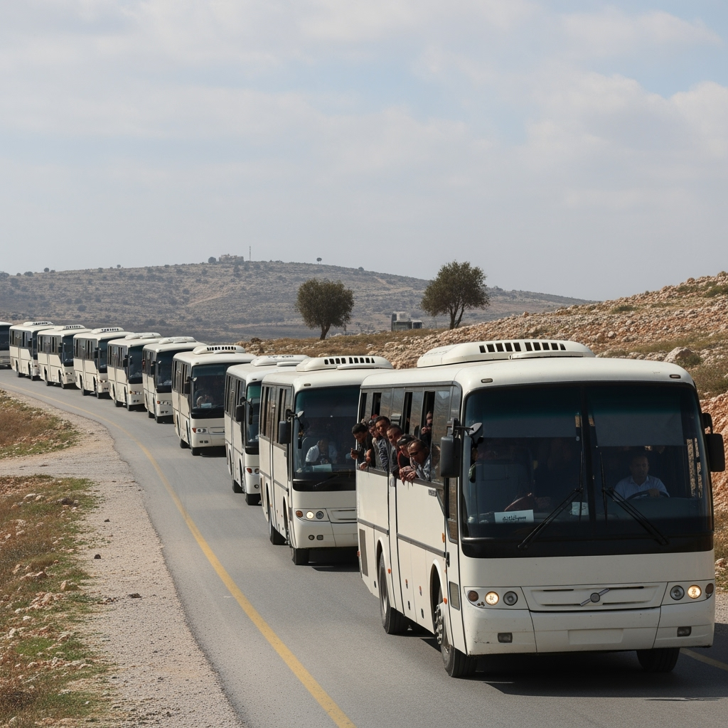Illustration for: Refugee Convoys Depart Lebanon for Syria