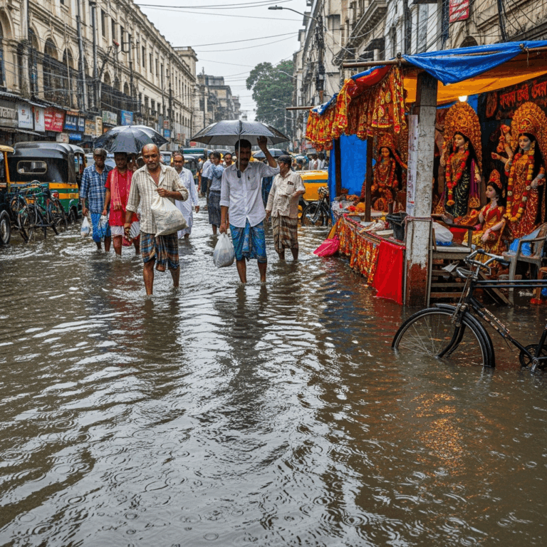 Illustration for: Kolkata Flooded: Rain Disrupts Durga Puja Preparations