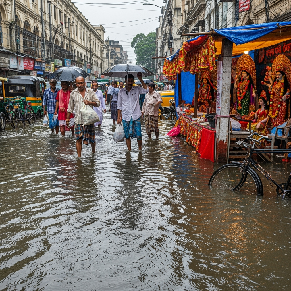 Illustration for: Kolkata Flooded: Rain Disrupts Durga Puja Preparations