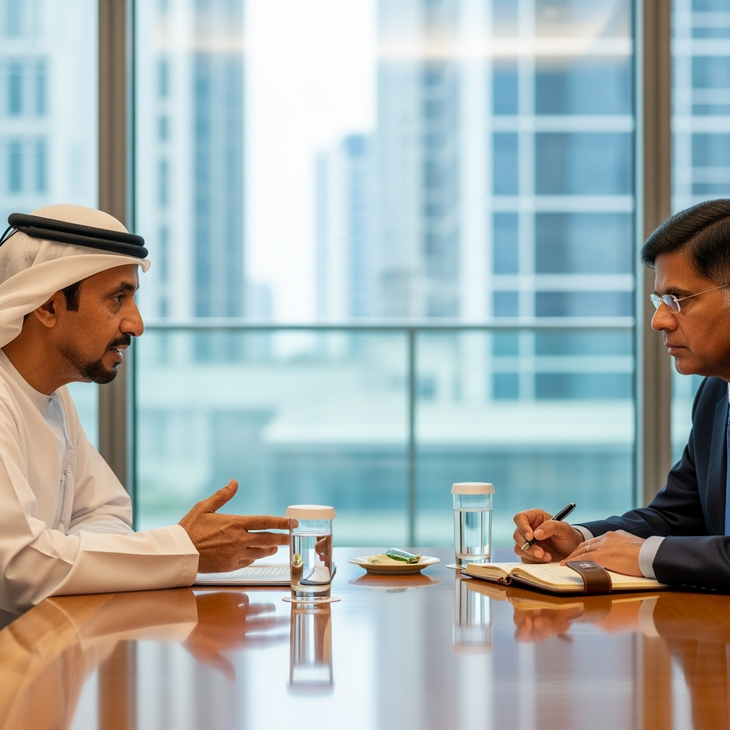 Illustration for: Sheikh Tahnoon and Piyush Goyal Discuss Key Initiatives