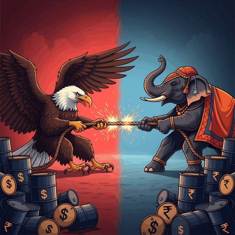 Illustration for: US-India Trade Tensions Over Oil Tariffs
