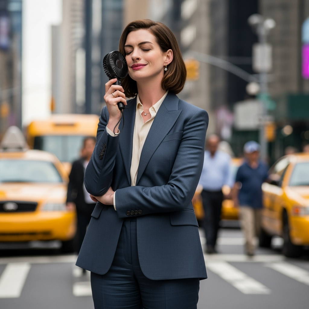 Illustration for: Anne Hathaway Keeps Cool on 'Devil Wears Prada 2' Set