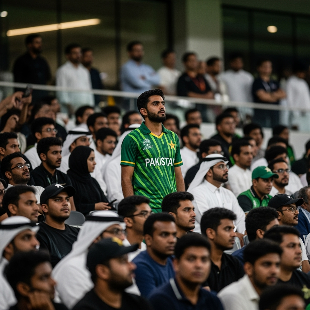 Illustration for: Lone Pakistani Fan Stands Out in Dubai Crowd