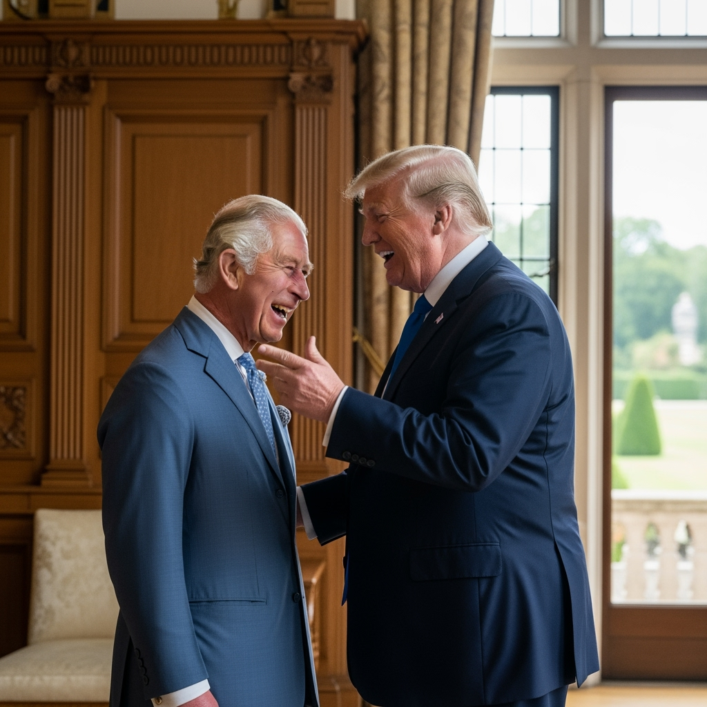 Illustration for: King Charles and Trump Share a Laugh at Windsor