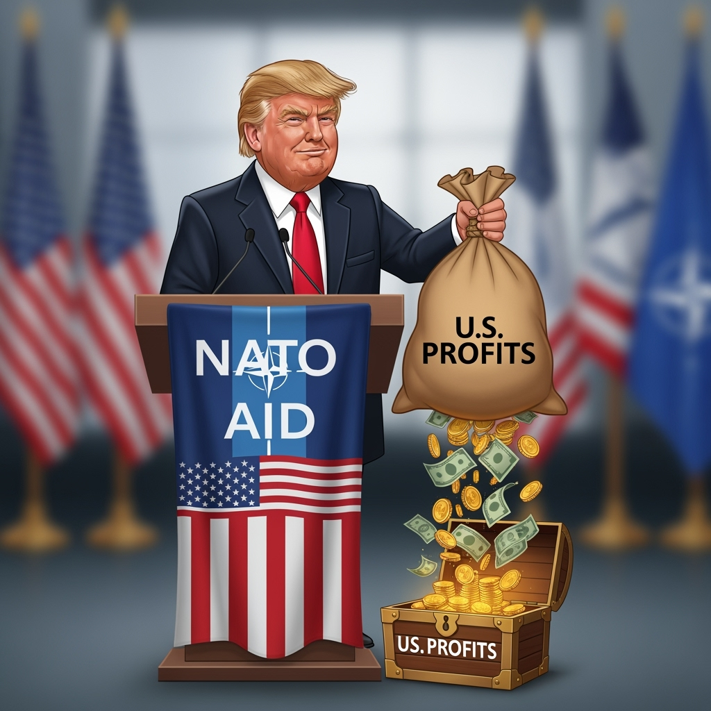 Illustration for: Trump: US Profits from Conflict, NATO Funds Aid