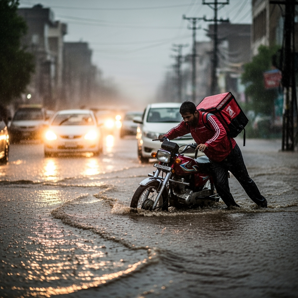 Illustration for: Monsoon Struggles: Lahore Delivery Riders' Plight