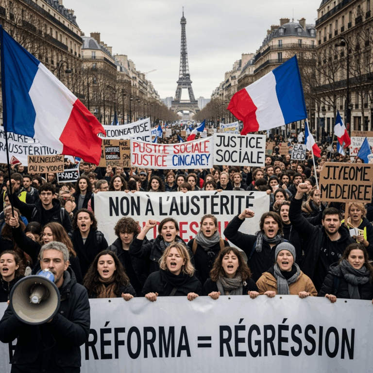 Illustration for: Protests in France Challenge Austerity Measures
