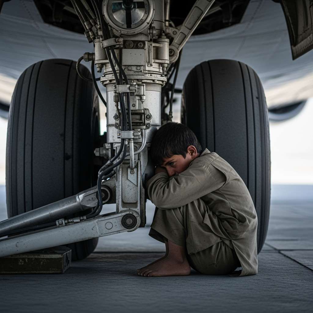Illustration for: Afghan Boy Found in Plane's Landing Gear