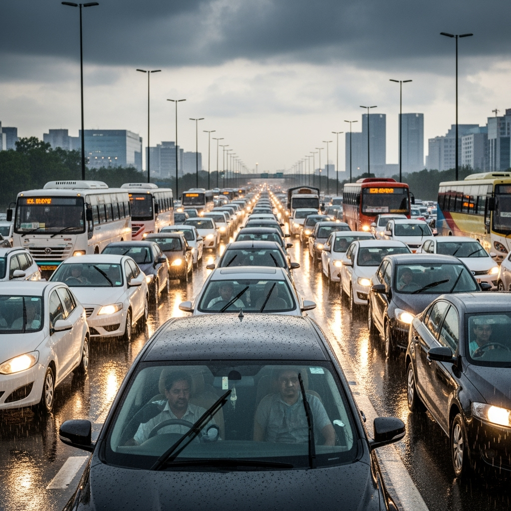 Illustration for: Massive Traffic Jam Hits Gurugram After Heavy Rainfall