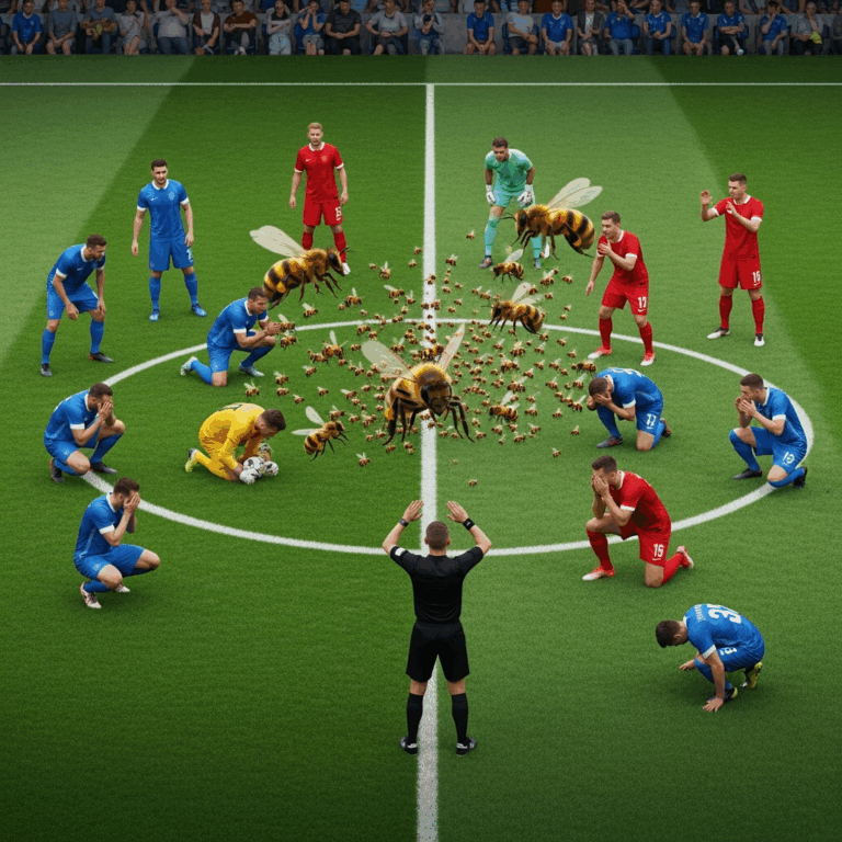 Illustration for: Bees Halt Match as Players Pretend to Avoid Them