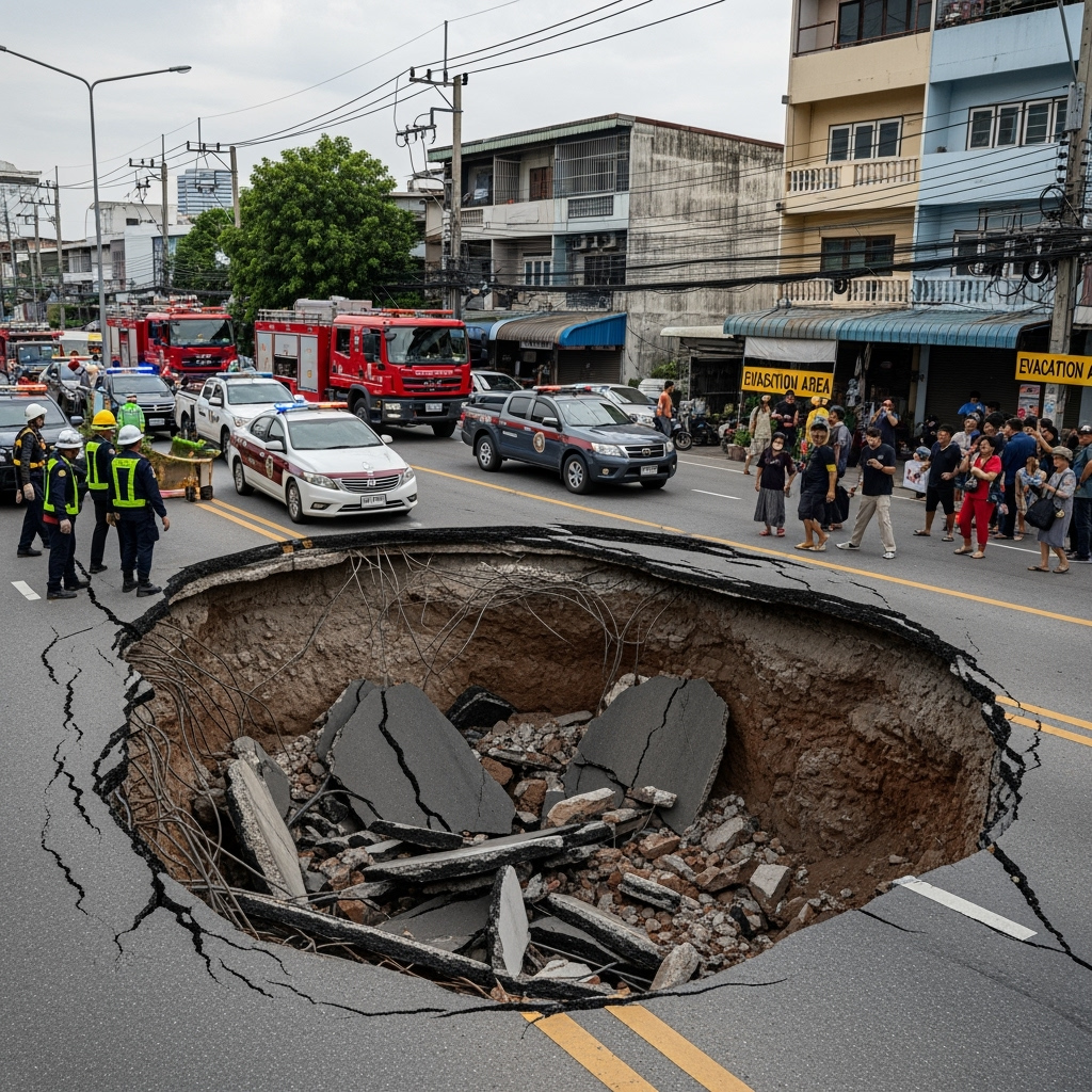 Illustration for: Bangkok Road Collapse Triggers Evacuations