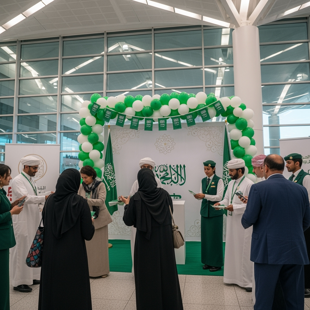 Illustration for: Saudi National Day Surprise at Abu Dhabi Airport
