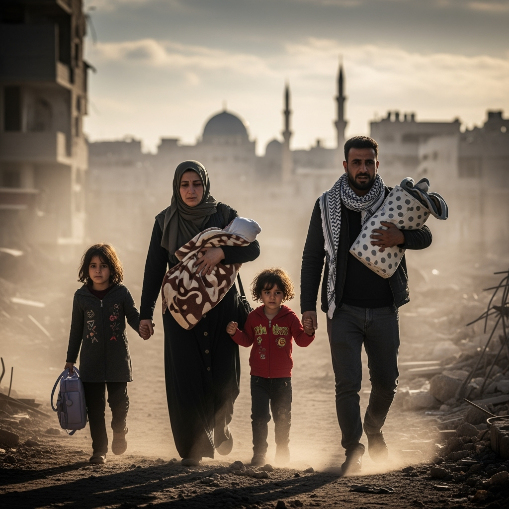 Illustration for: Tragic Displacement in Gaza: Seeking Safety Amidst Conflict