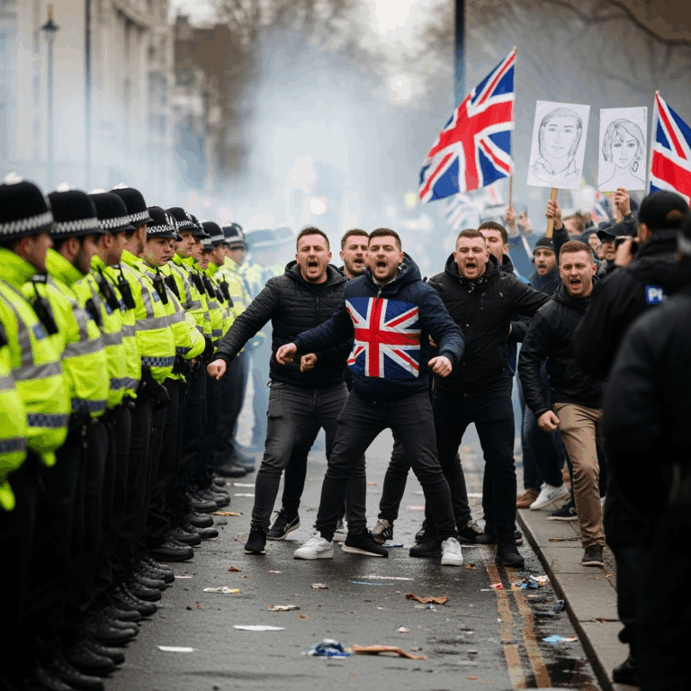 Illustration for: Massive Far-Right Protest Sparks Clashes in London