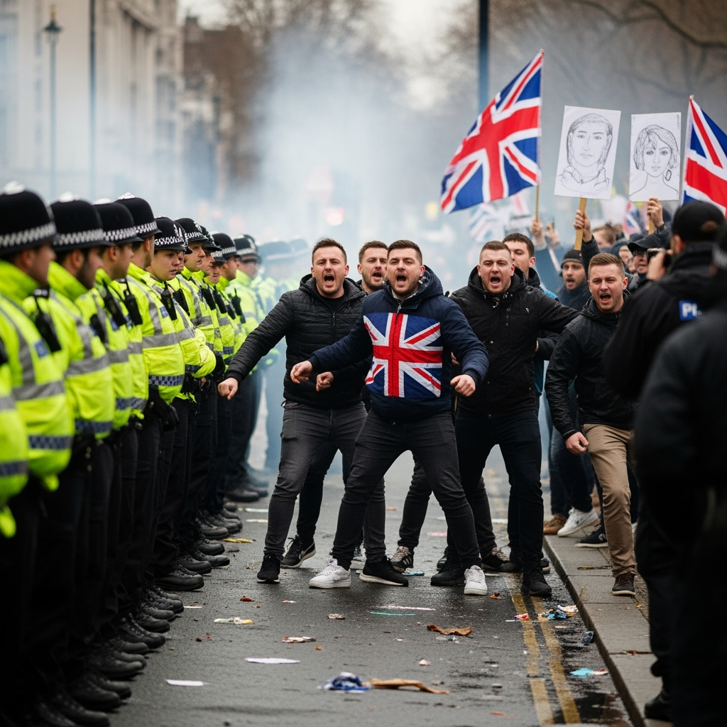 Illustration for: Massive Far-Right Protest Sparks Clashes in London