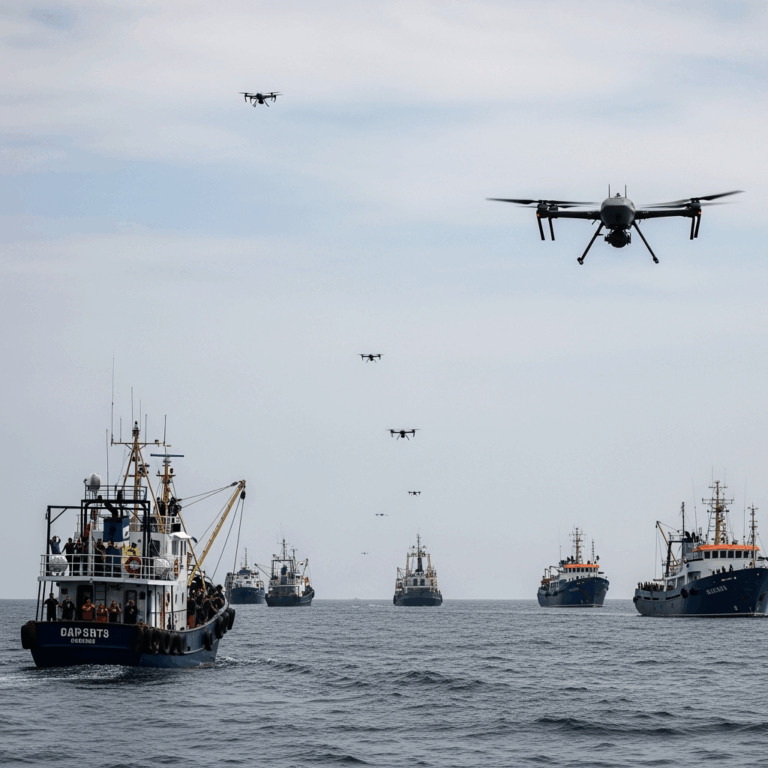 Illustration for: Gaza Flotilla Targeted by Drones, Activists Claim