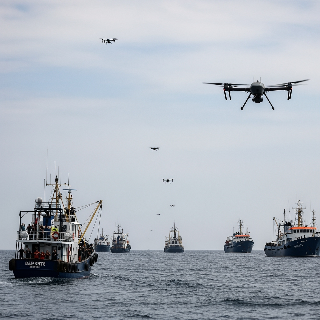 Illustration for: Gaza Flotilla Targeted by Drones, Activists Claim