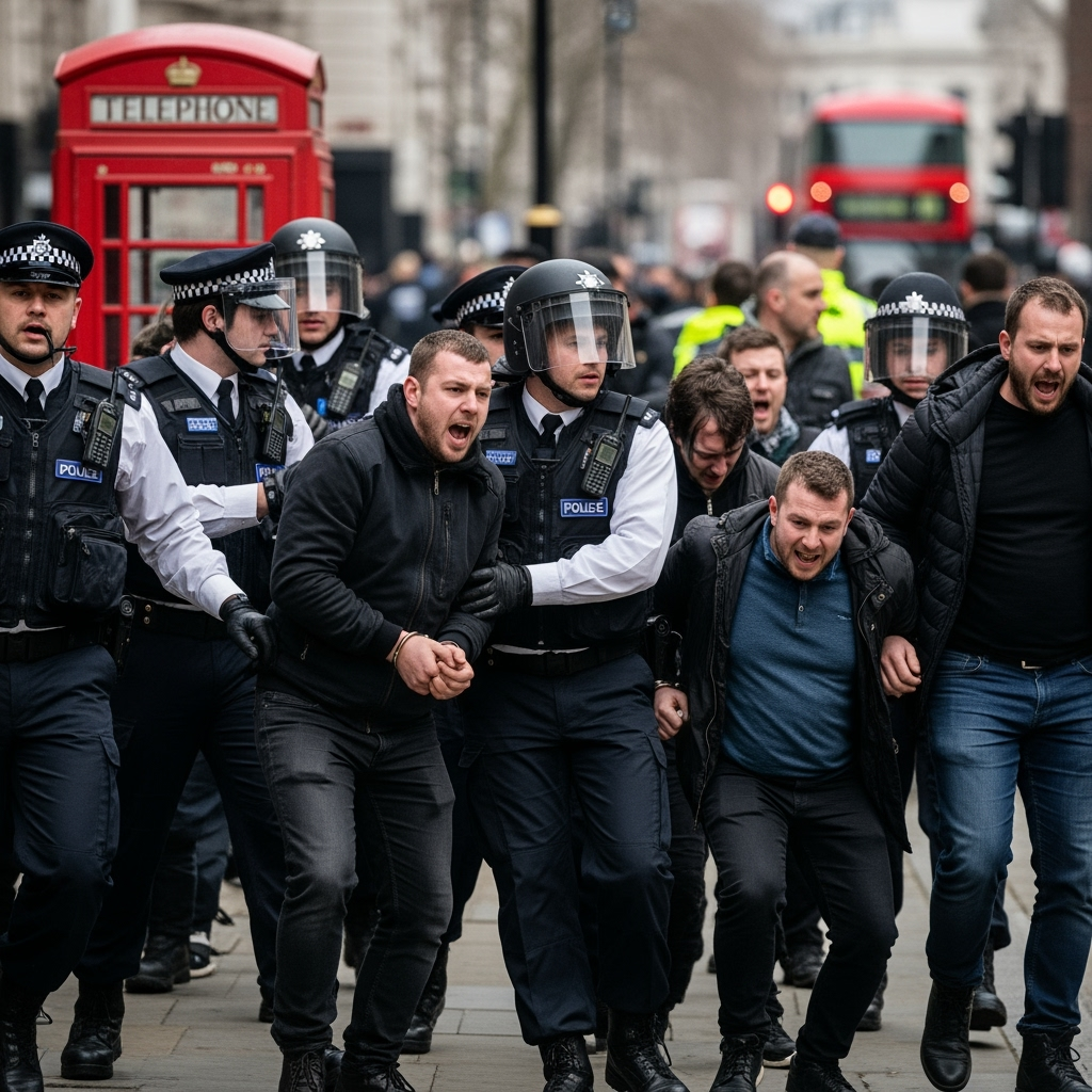Illustration for: Mass Arrests During Right-Wing Protests in London