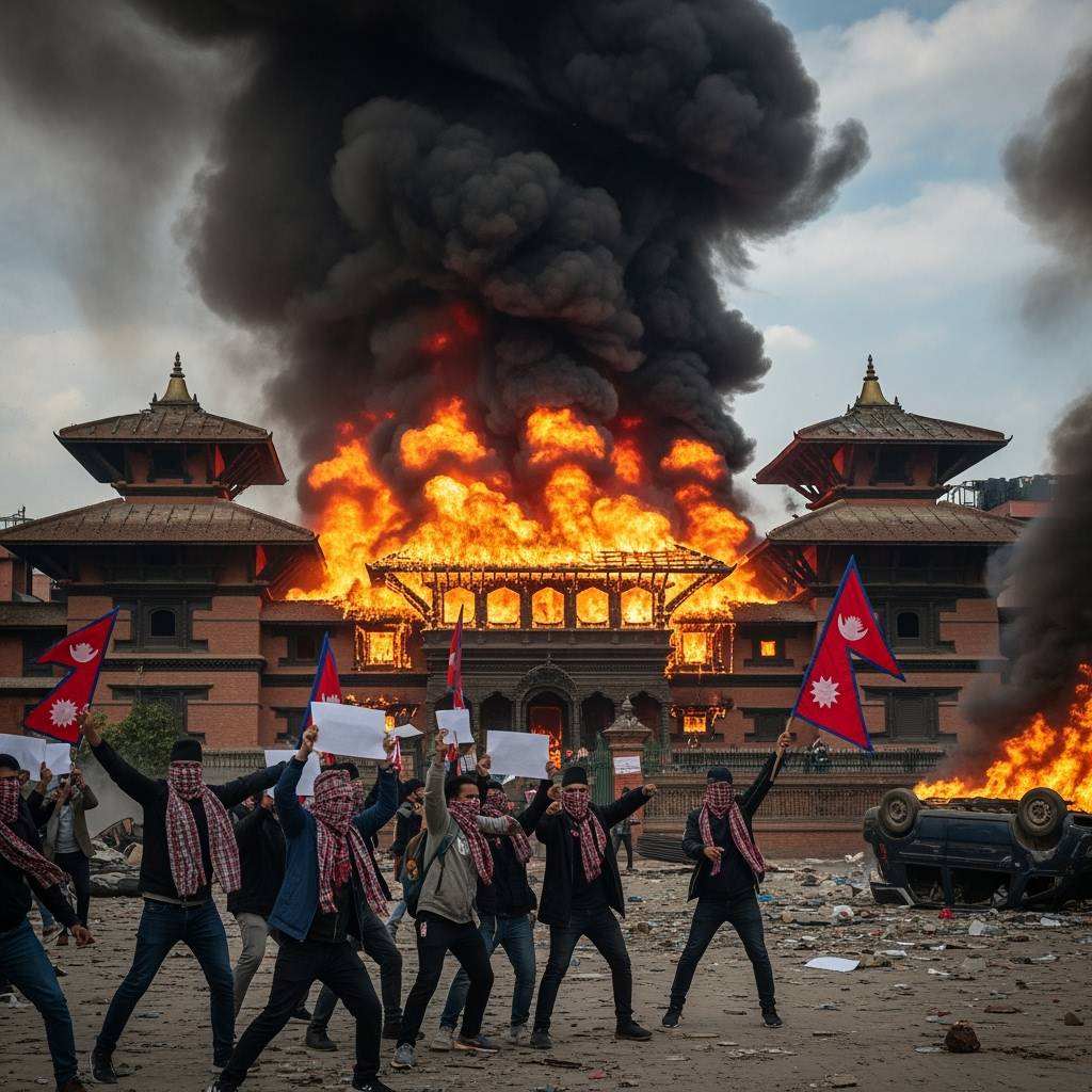Illustration for: Nepal Protests: Former PM's Home Torched
