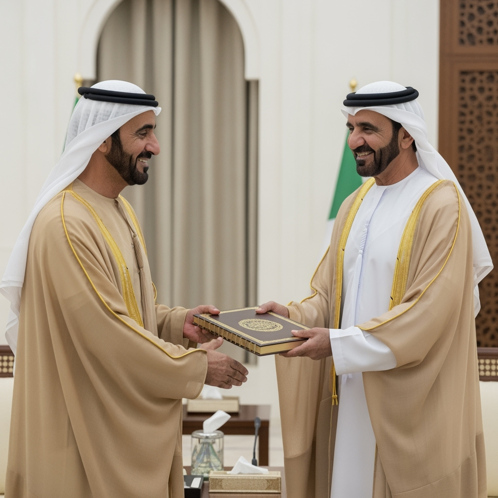Illustration for: الشيخ محمد بن زايد يشكر محمد بن راشد على هدية الكتاب