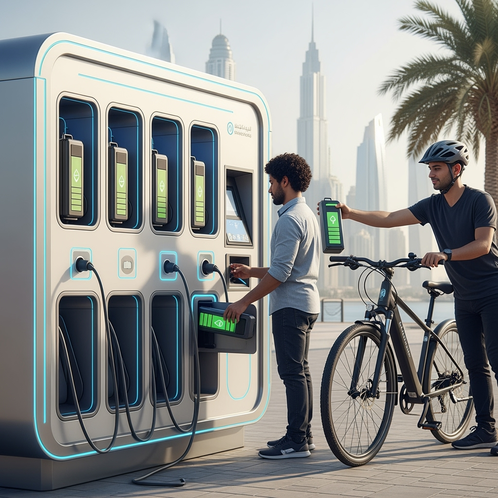 Illustration for: Dubai to Launch Battery-Swapping Stations for E-Bikes