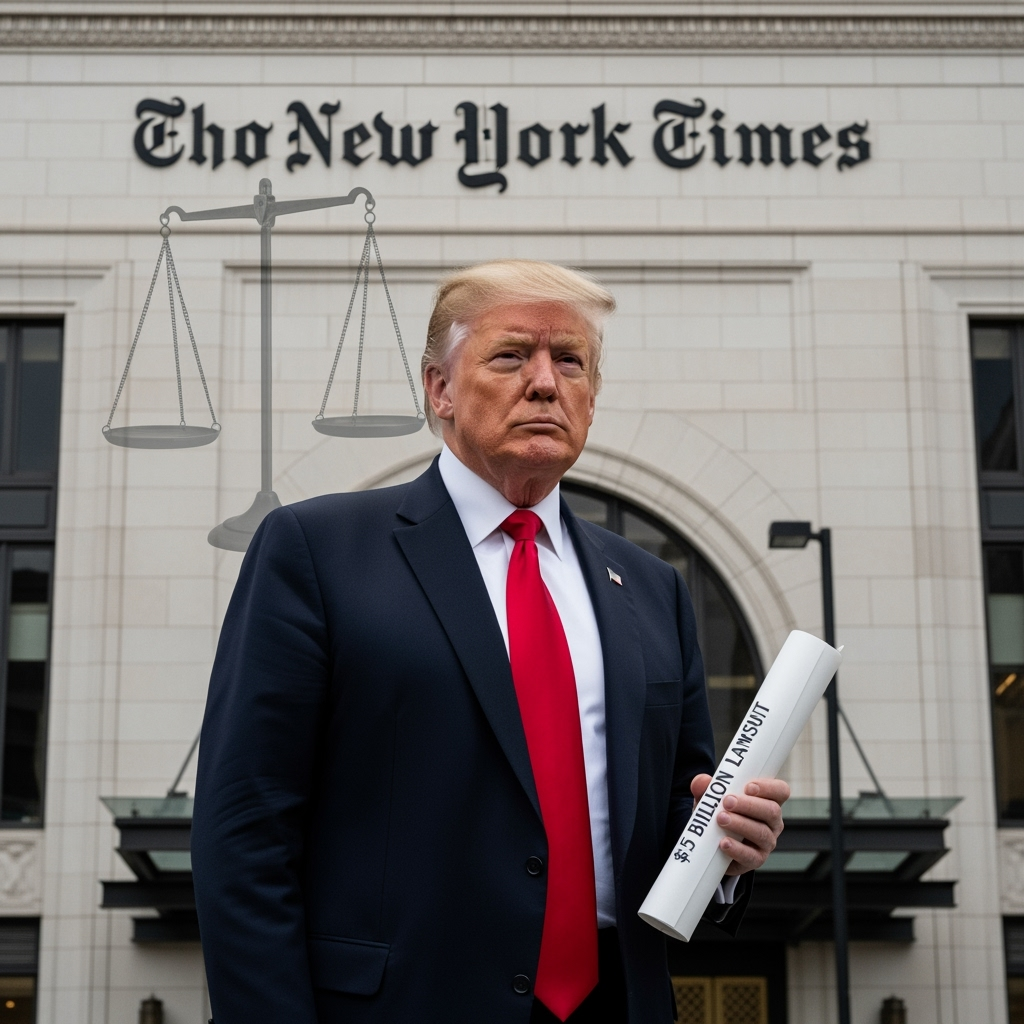 Illustration for: Trump Sues NY Times for $15B Over Defamation Claims