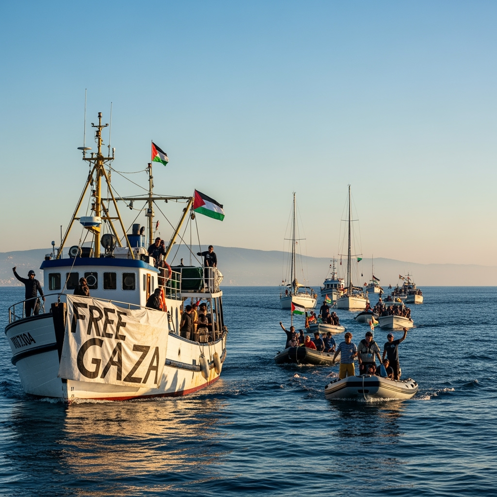 Illustration for: Flotilla Sets Sail for Gaza to Challenge Blockade