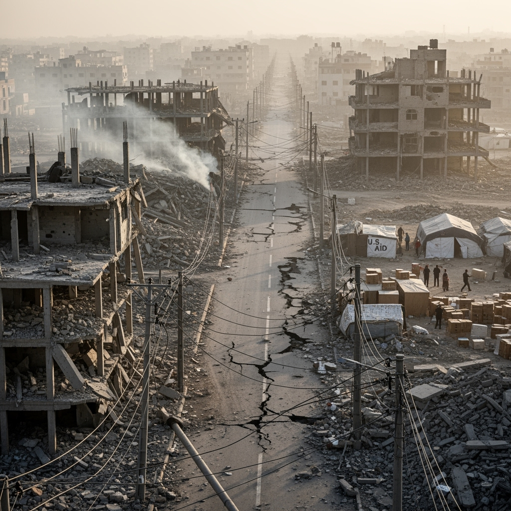 Illustration for: Gaza Conflict: Infrastructure Destroyed, U.S. Aid Questioned