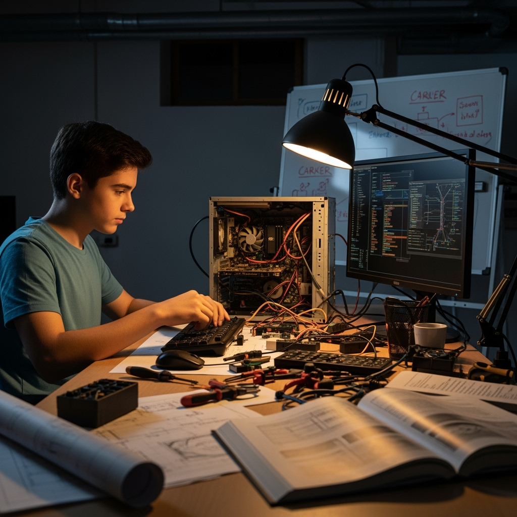 Illustration for: Teen Assembles Computer in Basement and Plans IT Career