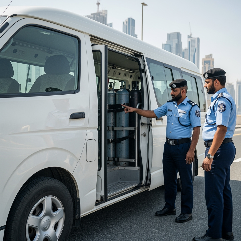 Illustration for: Dubai Police Seize Modified Minibus with Gas Cylinders