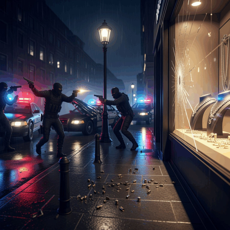 Illustration for: Jewelry Heist with Gunfire Escape Foiled