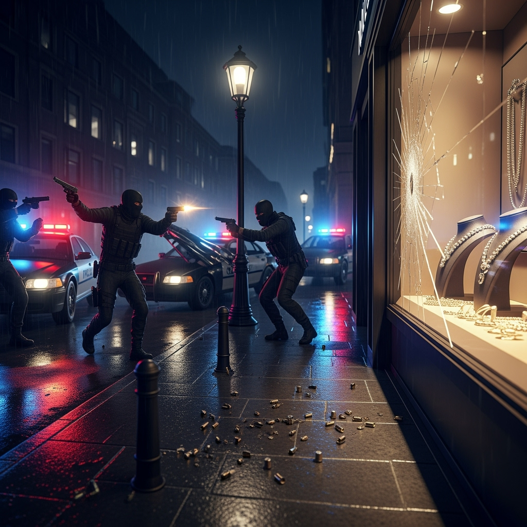 Illustration for: Jewelry Heist with Gunfire Escape Foiled