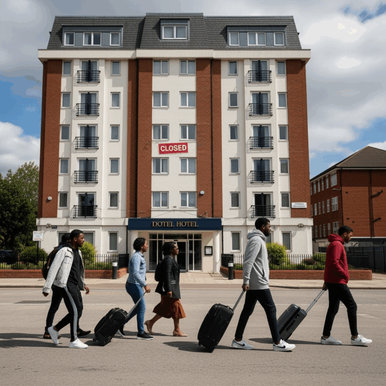 Illustration for: UK Plans to Close Asylum Seeker Hotels Before 2029 Elections