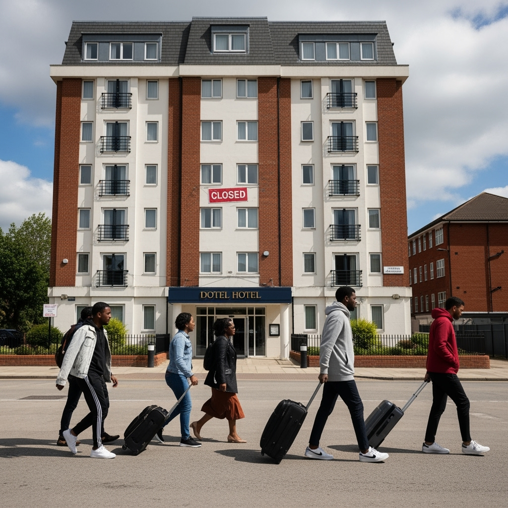Illustration for: UK Plans to Close Asylum Seeker Hotels Before 2029 Elections