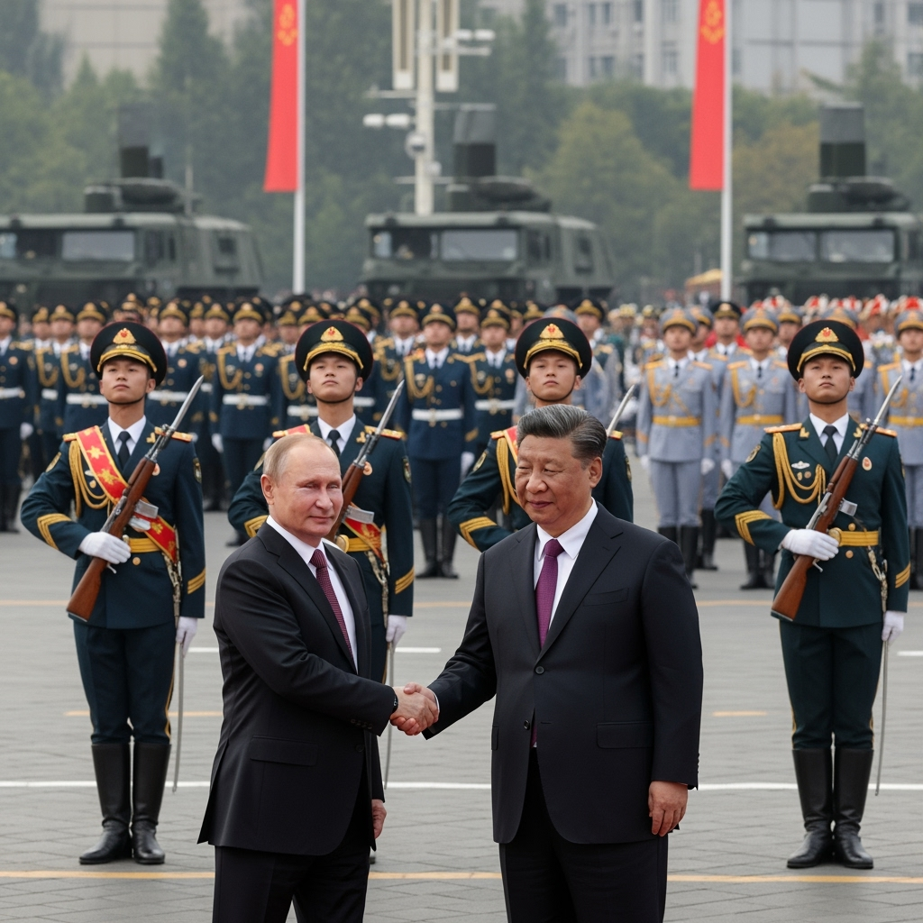 Illustration for: Putin Visits China for Military Parade and Meetings