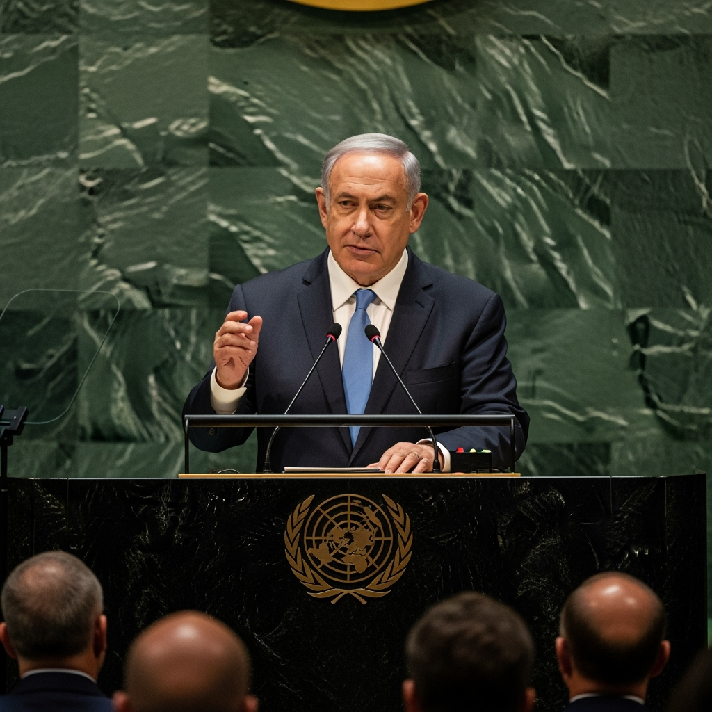 Illustration for: Netanyahu's UN Speech on Iran and Hamas