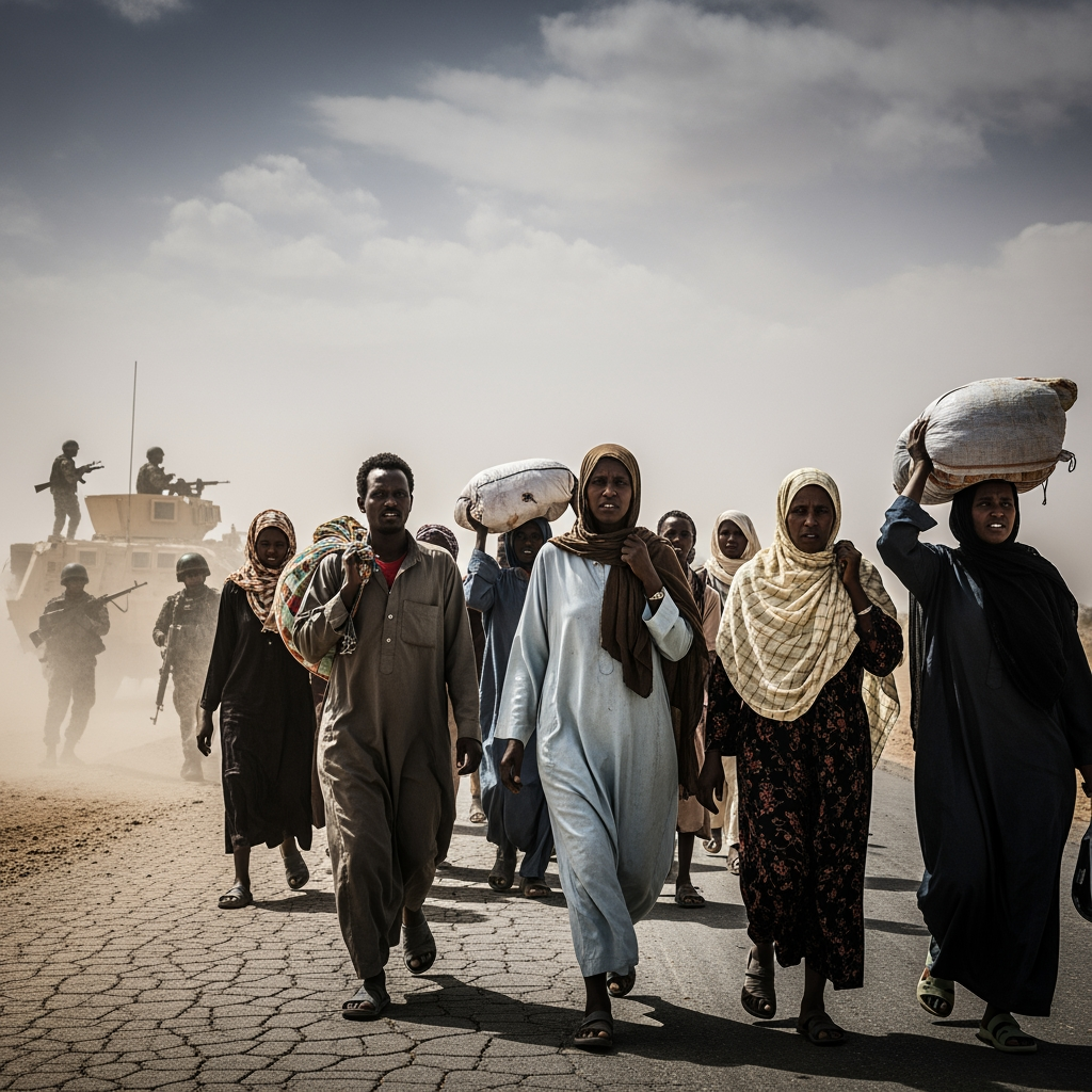 Illustration for: Sudan Conflict: Displaced Persons and Military Struggles