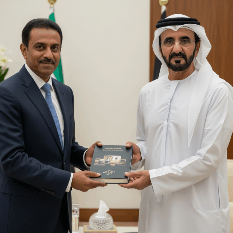 Illustration for: Yusuff Ali Receives Signed Book from Dubai Ruler