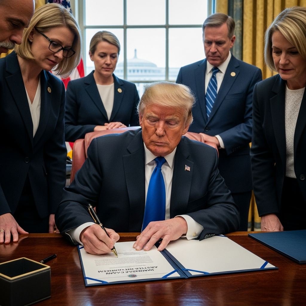 Illustration for: Trump Orders Review of Immigration and Asylum Cases
