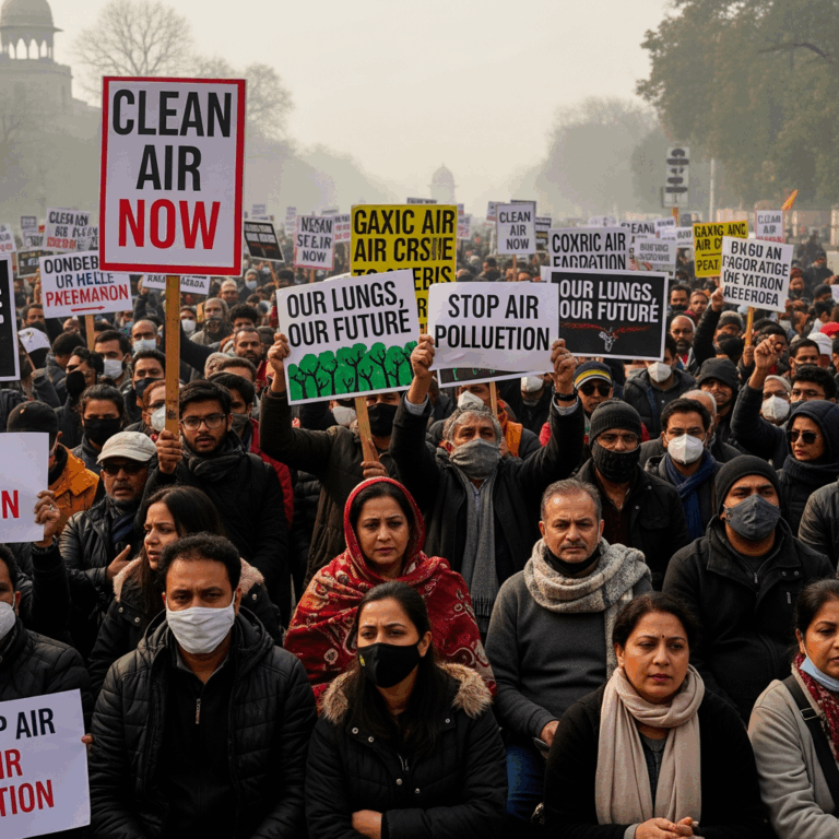 Illustration for: Protests Erupt in Delhi Over Toxic Air Crisis