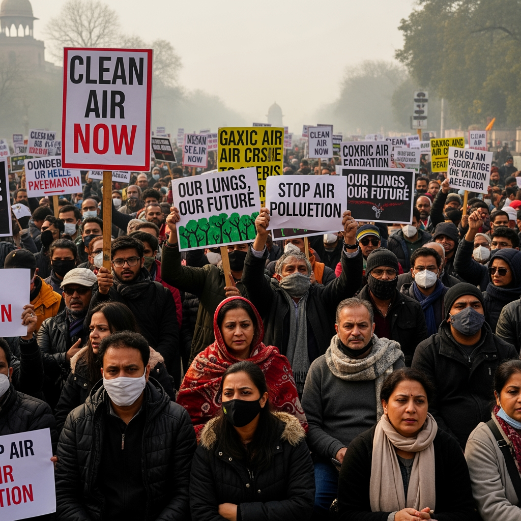 Illustration for: Protests Erupt in Delhi Over Toxic Air Crisis