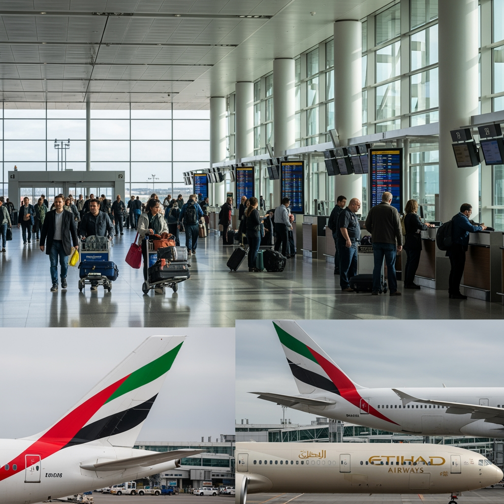 Illustration for: Emirates and Etihad move to Manchester's Terminal 2