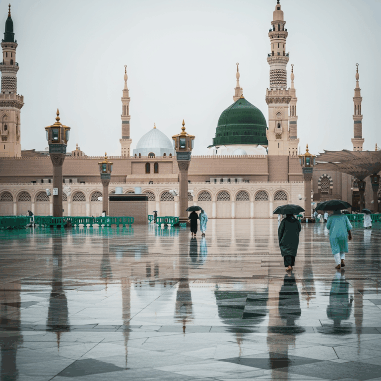 Illustration for: Rain at Prophet's Mosque: A Spiritual Experience