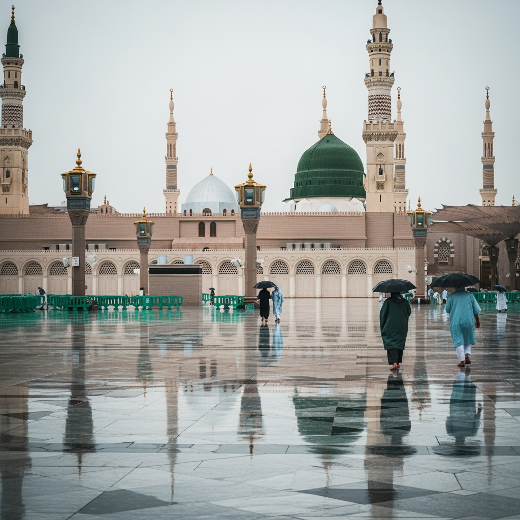 Illustration for: Rain at Prophet's Mosque: A Spiritual Experience