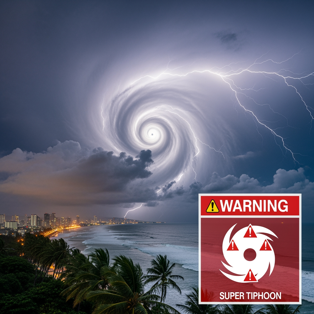 Illustration for: Typhoon Fung-wong Approaches: Super Typhoon Warning
