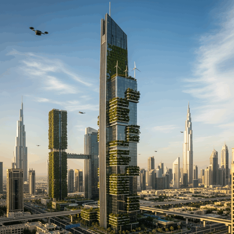 Illustration for: Dubai's Green Skyscrapers: A Futuristic Reality