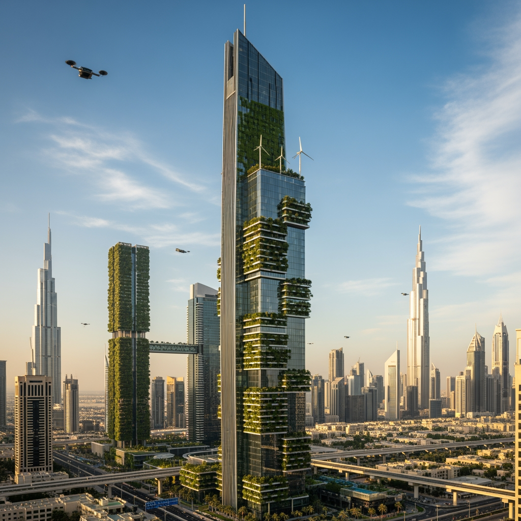 Illustration for: Dubai's Green Skyscrapers: A Futuristic Reality
