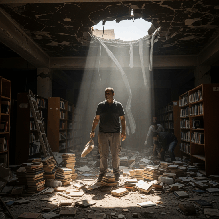Illustration for: Falah Al-Dalou Rescues Gaza Library Post-War